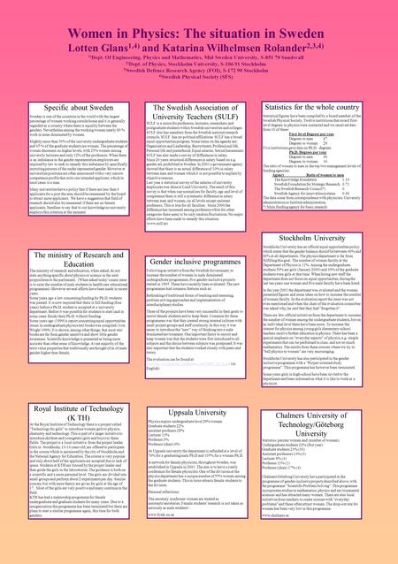 Women in Physics: The situation in Sweden Lotten Glans 1,4) and Katarina Wilhelmsen Rolander 2,3,4) 1) Dept. Of Engineering, Physics and Mathematics, Mid.