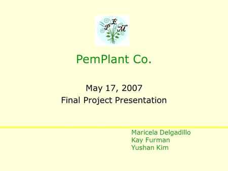 May 17, 2007 Final Project Presentation P E M PemPlant Co. Maricela Delgadillo Kay Furman Yushan Kim.