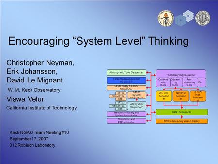 Encouraging “System Level” Thinking Christopher Neyman, Erik Johansson, David Le Mignant W. M. Keck Observatory Viswa Velur California Institute of Technology.