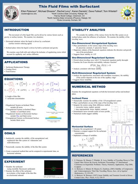 Thin Fluid Films with Surfactant Ellen Peterson*, Michael Shearer*, Rachel Levy †, Karen Daniels ‡, Dave Fallest ‡, Tom Witelski § *North Carolina State.