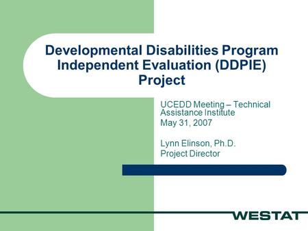 Developmental Disabilities Program Independent Evaluation (DDPIE) Project UCEDD Meeting – Technical Assistance Institute May 31, 2007 Lynn Elinson, Ph.D.