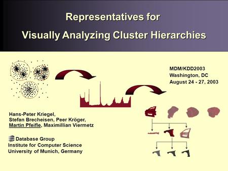 Washington, 08/27/03 Washington, 08/27/03 Martin Pfeifle, Database Group, University of Munich Representatives for Visually Analyzing Cluster Hierarchies.