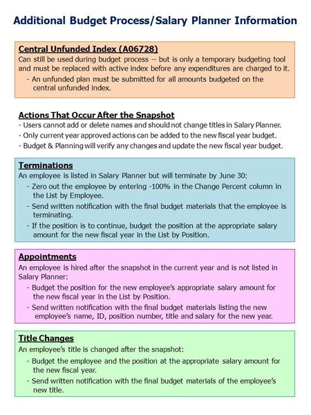 Additional Budget Process/Salary Planner Information Central Unfunded Index (A06728) Can still be used during budget process -- but is only a temporary.