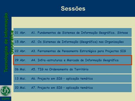 Tecnologias de Informação Geográfica DGPR Sessões 01 Abr.A1. Fundamentos de Sistemas de Informação Geográfica. Síntese 15 Abr.A2. Os Sistemas de Informação.