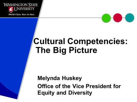 Cultural Competencies: The Big Picture Melynda Huskey Office of the Vice President for Equity and Diversity.