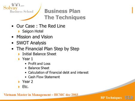 Vietnam Master in Management – HCMC dec 2003 BP Techniques Business Plan The Techniques Our Case : The Red Line  Saigon Hotel Mission and Vision SWOT.