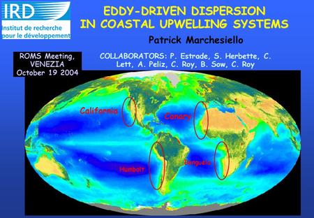 COLLABORATORS: P. Estrade, S. Herbette, C. Lett, A. Peliz, C. Roy, B. Sow, C. Roy EDDY-DRIVEN DISPERSION IN COASTAL UPWELLING SYSTEMS California Canary.