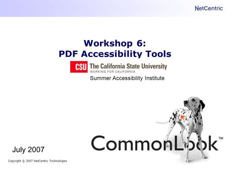 Workshop 6: PDF Accessibility Tools Copyright © 2007 NetCentric Technologies July 2007 Summer Accessibility Institute.