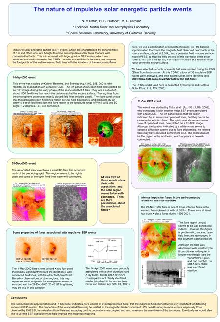 The nature of impulsive solar energetic particle events N. V. Nitta a, H. S. Hudson b, M. L. Derosa a a Lockheed Martin Solar and Astrophysics Laboratory.