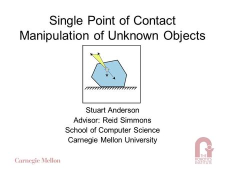 Single Point of Contact Manipulation of Unknown Objects Stuart Anderson Advisor: Reid Simmons School of Computer Science Carnegie Mellon University.