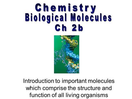 Introduction to important molecules which comprise the structure and function of all living organisms.