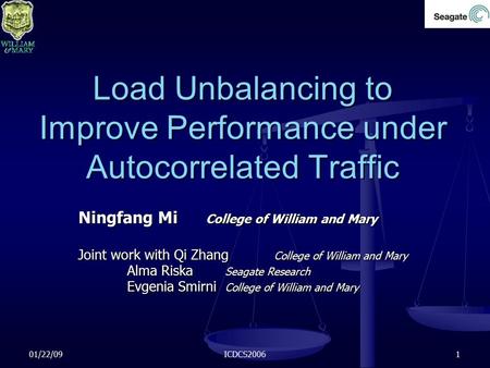 01/22/09ICDCS20061 Load Unbalancing to Improve Performance under Autocorrelated Traffic Ningfang Mi College of William and Mary Joint work with Qi Zhang.