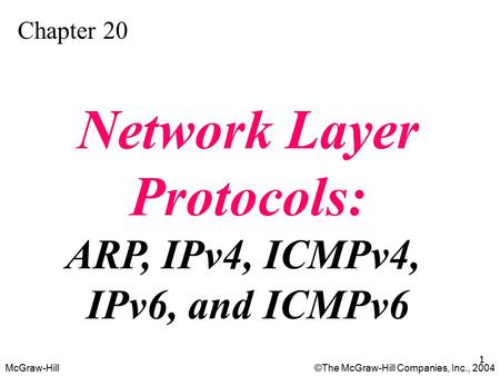 McGraw-Hill©The McGraw-Hill Companies, Inc., 2004 1 Chapter 20 Network Layer Protocols: ARP, IPv4, ICMPv4, IPv6, and ICMPv6.