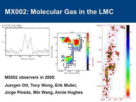 MX002: Molecular Gas in the LMC MX002 observers in 2005: Juergen Ott, Tony Wong, Erik Muller, Jorge Pineda, Min Wang, Annie Hughes.