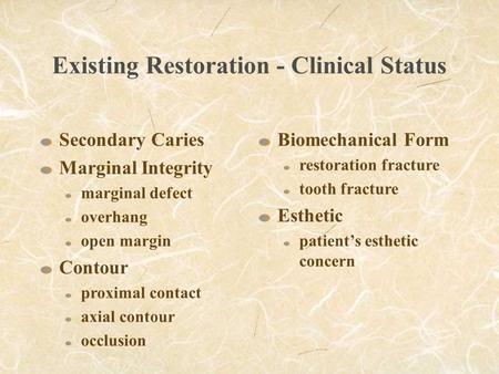 Existing Restoration - Clinical Status Secondary Caries Marginal Integrity marginal defect overhang open margin Contour proximal contact axial contour.