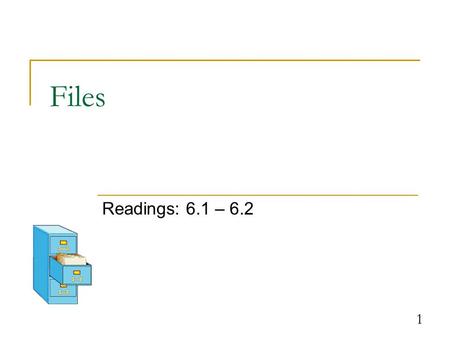 1 Files Readings: 6.1 – 6.2. 2 Reading data from files Creating a Scanner for a file, general syntax: Scanner = new Scanner(new File( )); Example: Scanner.