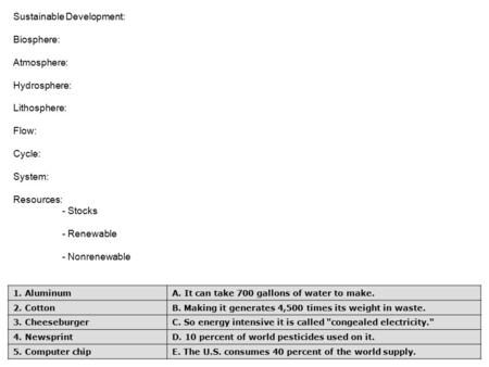 Sustainable Development: Biosphere: Atmosphere: Hydrosphere: Lithosphere: Flow: Cycle: System: Resources: - Stocks - Renewable - Nonrenewable 1. AluminumA.