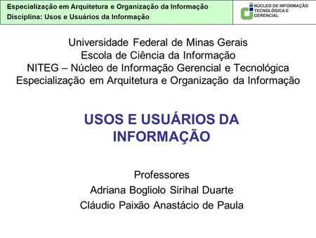 Especialização em Arquitetura e Organização da Informação Disciplina: Usos e Usuários da Informação Universidade Federal de Minas Gerais Escola de Ciência.