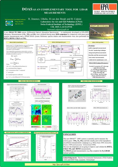 DOAS AS AN COMPLEMENTARY TOOL FOR LIDAR MEASUREMENTS R. Jimenez, I.Balin, H.van den Bergh and B. Calpini Laboratory for Air and Soil Pollution (LPAS) Swiss.