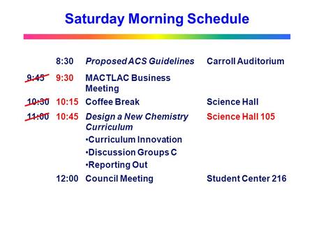 Saturday Morning Schedule 8:30Proposed ACS GuidelinesCarroll Auditorium 9:459:30MACTLAC Business Meeting 10:3010:15Coffee BreakScience Hall 11:0010:45Design.