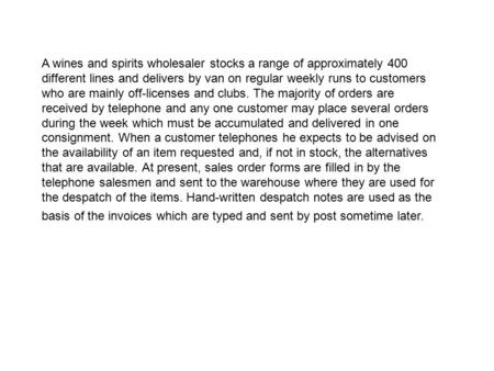 A wines and spirits wholesaler stocks a range of approximately 400 different lines and delivers by van on regular weekly runs to customers who are mainly.