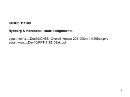 1 CH3Br, 111209 Rydberg & vibrational state assignments agust,heima,...Dec10/CH3Br-Overall +mass-221109km-111209ak.pxp agust,www,...Dec10/PPT-1112109ak.ppt.