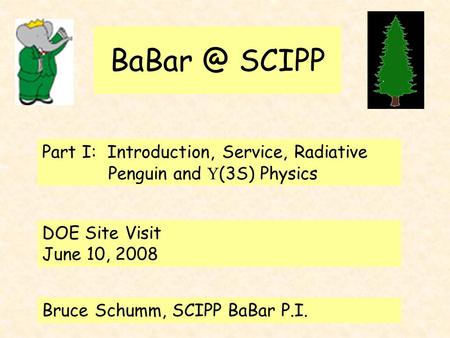 SCIPP Part I: Introduction, Service, Radiative Penguin and  (3S) Physics DOE Site Visit June 10, 2008 Bruce Schumm, SCIPP BaBar P.I.