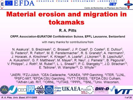 R. A. Pitts, Univ. Basel, 07/11/20051 of 30 R. A. Pitts CRPP, Association-EURATOM Confédération Suisse, EPFL Lausanne, Switzerland Centre de Recherches.