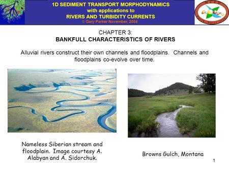 1D SEDIMENT TRANSPORT MORPHODYNAMICS with applications to RIVERS AND TURBIDITY CURRENTS © Gary Parker November, 2004 1 CHAPTER 3: BANKFULL CHARACTERISTICS.