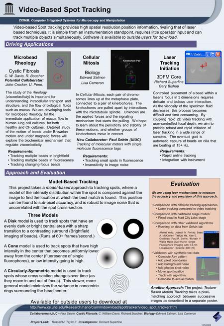 Cellular Mitosis Microbead Rheology Laser Tracking Initiation Video-Based Spot Tracking CISMM: Computer Integrated Systems for Microscopy and Manipulation.