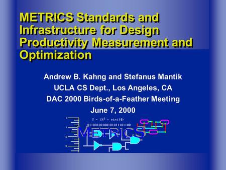 METRICS Standards and Infrastructure for Design Productivity Measurement and Optimization Andrew B. Kahng and Stefanus Mantik UCLA CS Dept., Los Angeles,