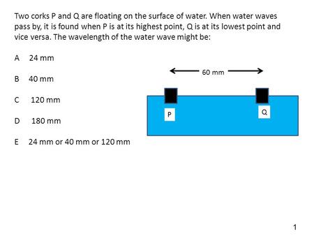 Two corks P and Q are floating on the surface of water. When water waves pass by, it is found when P is at its highest point, Q is at its lowest point.