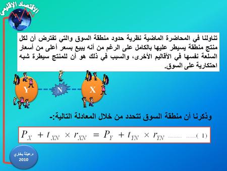 وذكرنا أن منطقة السوق تتحدد من خلال المعادلة التالية:-