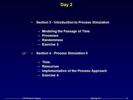 —————————— CACI Products Company ————————————————————————————— SimScript II.5 —————————————— 4-1 Day 2 Section 3 - Introduction to Process Simulation –Modeling.