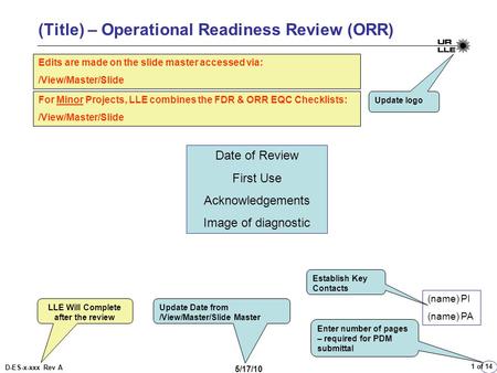 D-ES-x-xxx Rev A 5/17/10 1 of 14 (Title) – Operational Readiness Review (ORR) (name) PI (name) PA Date of Review First Use Acknowledgements Image of diagnostic.