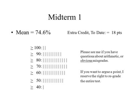 Midterm 1 Mean = 74.6% > 100: | | > 90: | | | | | | | | | | > 80: | | | | | | | | | | | | | > 70: | | | | | | | | | | | | | > 60: | | | | | | | | | |