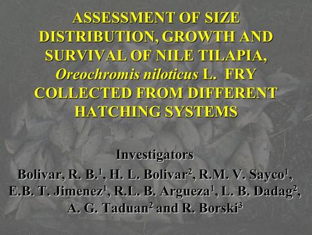 ASSESSMENT OF SIZE DISTRIBUTION, GROWTH AND SURVIVAL OF NILE TILAPIA, Oreochromis niloticus L. FRY COLLECTED FROM DIFFERENT HATCHING SYSTEMS Investigators.