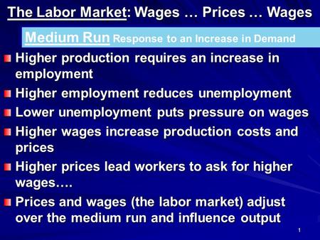 1 The Labor Market: Wages … Prices … Wages Higher production requires an increase in employment Higher employment reduces unemployment Lower unemployment.