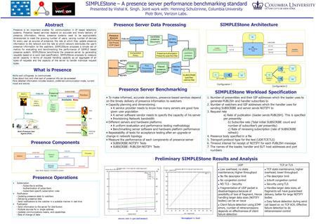 SIMPLEStone – A presence server performance benchmarking standard SIMPLEStone – A presence server performance benchmarking standard Presented by Vishal.