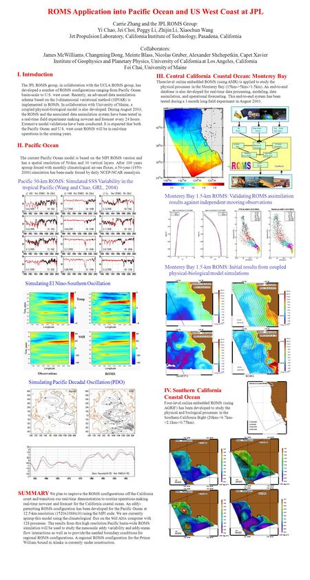 ROMS Application into Pacific Ocean and US West Coast at JPL Carrie Zhang and the JPL ROMS Group: Yi Chao, Jei Choi, Peggy Li, Zhijin Li, Xiaochun Wang.