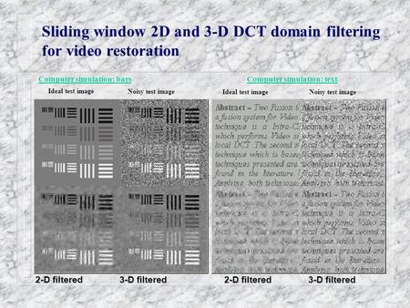 Ideal test image Noisy test image 2-D filtered 3-D filtered 2-D filtered 3-D filtered Sliding window 2D and 3-D DCT domain filtering for video restoration.