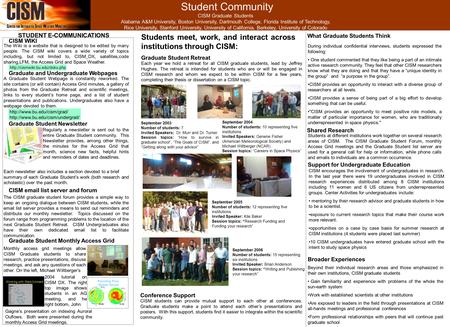 Student Community CISM Graduate Students Alabama A&M University, Boston University, Dartmouth College, Florida Institute of Technology, Rice University,