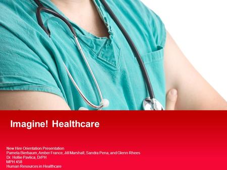 Imagine! Healthcare New Hire Orientation Presentation Pamela Bierbaum, Amber France, Jill Marshall, Sandra Pena, and Glenn Rhees Dr. Hollie Pavlica, DrPH.