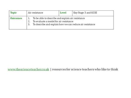 Www.thescienceteacher.co.ukwww.thescienceteacher.co.uk | resources for science teachers who like to think TopicAir resistanceLevelKey Stage 3 and GCSE.