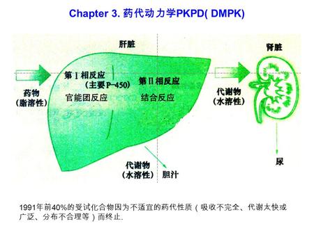 Chapter 3. 药代动力学 PKPD( DMPK) 1991 年前 40% 的受试化合物因为不适宜的药代性质（吸收不完全、代谢太快或 广泛、分布不合理等）而终止.