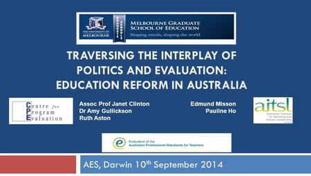 AES, Darwin 10 th September 2014 TRAVERSING THE INTERPLAY OF POLITICS AND EVALUATION: EDUCATION REFORM IN AUSTRALIA Assoc Prof Janet Clinton Dr Amy Gullickson.