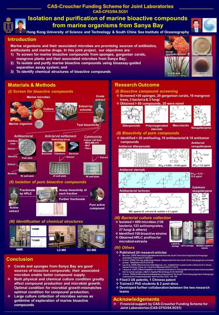 Introduction CAS-Croucher Funding Scheme for Joint Laboratories CAS-CF03/04.SC01 CAS-CF03/04.SC01 Isolation and purification of marine bioactive compounds.