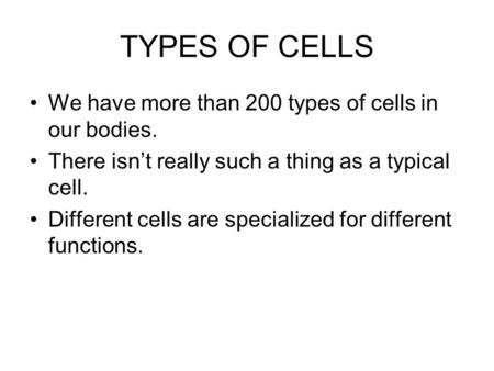 TYPES OF CELLS We have more than 200 types of cells in our bodies. There isn’t really such a thing as a typical cell. Different cells are specialized for.