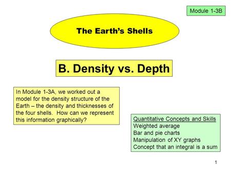 1 The Earth’s Shells Quantitative Concepts and Skills Weighted average Bar and pie charts Manipulation of XY graphs Concept that an integral is a sum In.