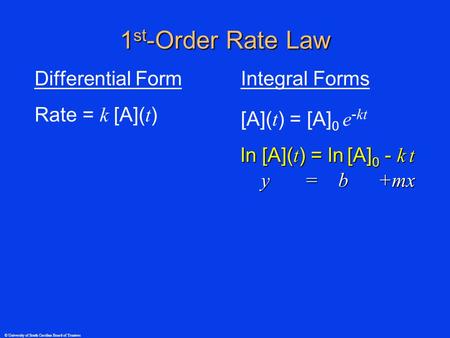 © University of South Carolina Board of Trustees 1 st -Order Rate Law Differential Form Rate = k [A]( t ) Integral Forms [A]( t ) = [A] 0 e - kt ln [A](